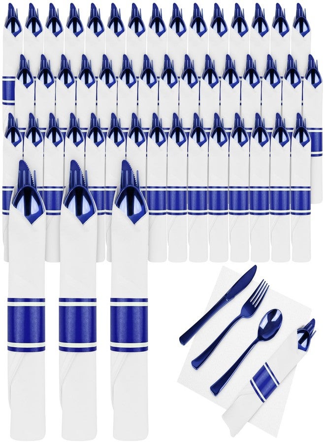pyntop 100Pack Blue Pre Rolled Plastic Silverware - Wrapped Blue Rolled Cutlery with Napkins, Heavy Duty Prerolled Plastic Silverware Set, Disposable Utensils with Dinner Napkins for Party - Image 1
