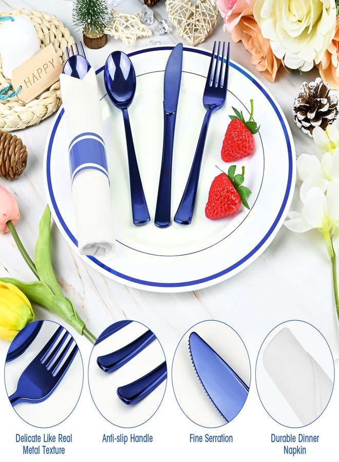 pyntop 100Pack Blue Pre Rolled Plastic Silverware - Wrapped Blue Rolled Cutlery with Napkins, Heavy Duty Prerolled Plastic Silverware Set, Disposable Utensils with Dinner Napkins for Party - Image 3