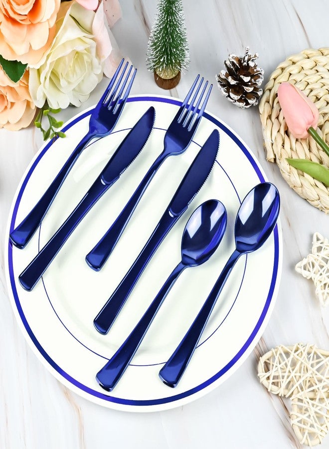 pyntop 100Pack Blue Pre Rolled Plastic Silverware - Wrapped Blue Rolled Cutlery with Napkins, Heavy Duty Prerolled Plastic Silverware Set, Disposable Utensils with Dinner Napkins for Party - Image 5