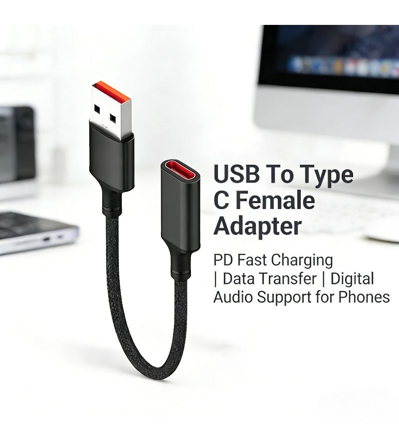 Black USB to Type C Adapter with PD Fast Charging Data and Audio Support - Image 1