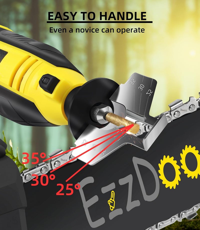EzzDoo Electric Chainsaw Sharpener Kit with TITANIUM-COATED Diamond Bits - High-Speed Chain saw Sharpener Tool and 6 High Hardness Sharpening Wheels For All Chainsaw Chains. - Image 2