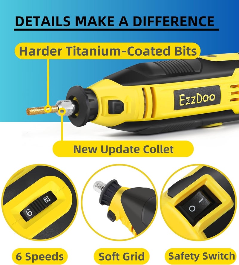 EzzDoo Electric Chainsaw Sharpener Kit with TITANIUM-COATED Diamond Bits - High-Speed Chain saw Sharpener Tool and 6 High Hardness Sharpening Wheels For All Chainsaw Chains. - Image 4
