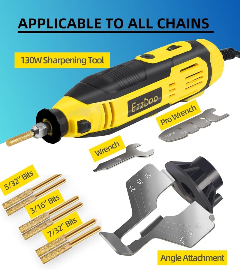 EzzDoo Electric Chainsaw Sharpener Kit with TITANIUM-COATED Diamond Bits - High-Speed Chain saw Sharpener Tool and 6 High Hardness Sharpening Wheels For All Chainsaw Chains. - Image 3