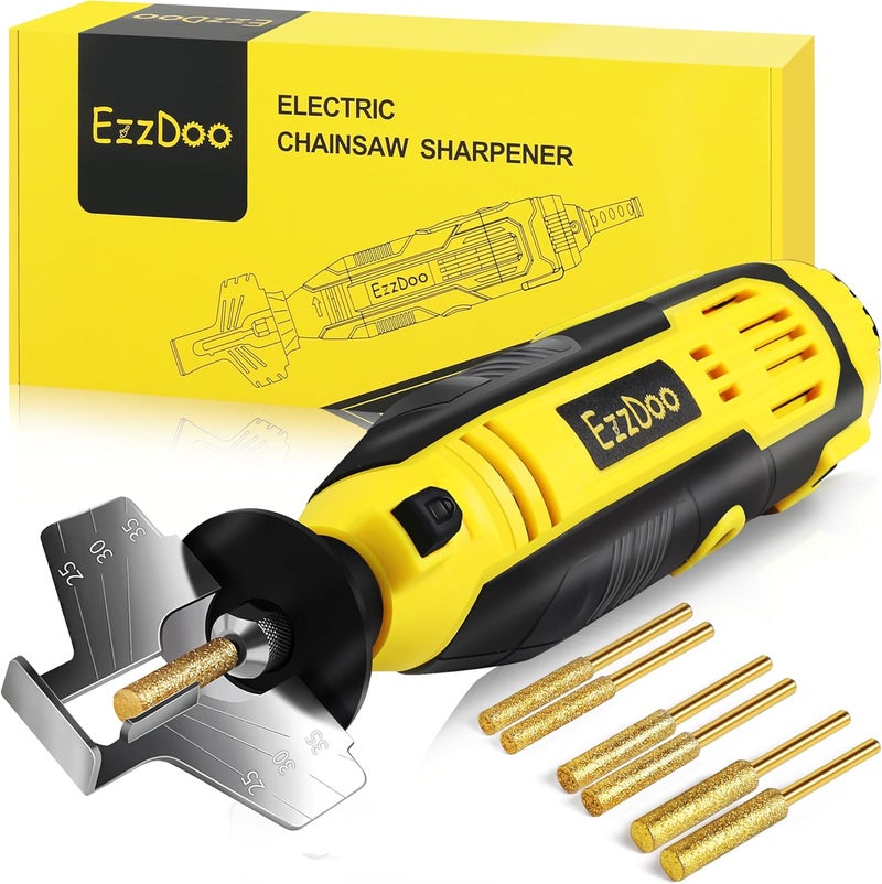 EzzDoo Electric Chainsaw Sharpener Kit with TITANIUM-COATED Diamond Bits - High-Speed Chain saw Sharpener Tool and 6 High Hardness Sharpening Wheels For All Chainsaw Chains. - Image 1