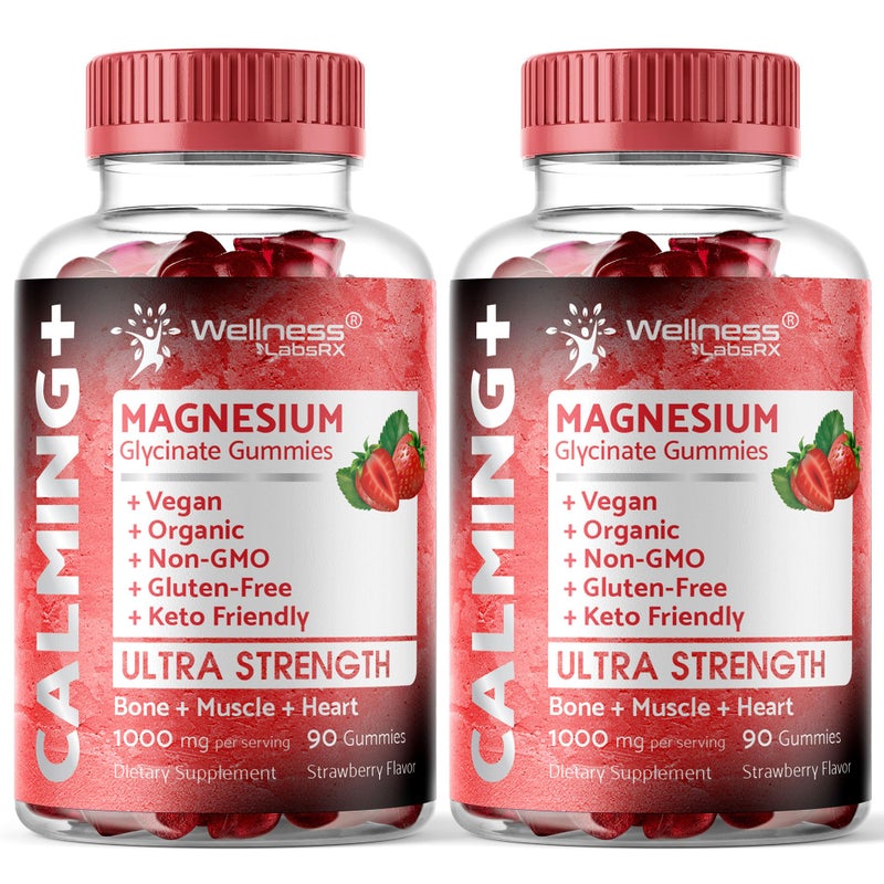 WELLNESS LABSRX Magnesium Glycinate Gummies 1000 mg Magnesium Supplement to Support Relaxation Heart Health Chewable Calm Magnesio Gummies for Adults Glicinato De Magnesio Strawberry Flavor Pack of 2