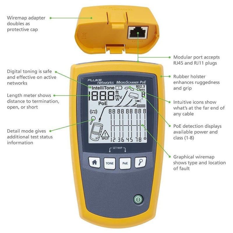 Fluke Networks - 5018513 MS-POE-KIT MicroScanner Copper Cable Verifier & PoE tester for RJ-45 Category 5-6A Ethernet Cables, Includes IntelliTone Pro 200 & Remote ID Kit - Image 2