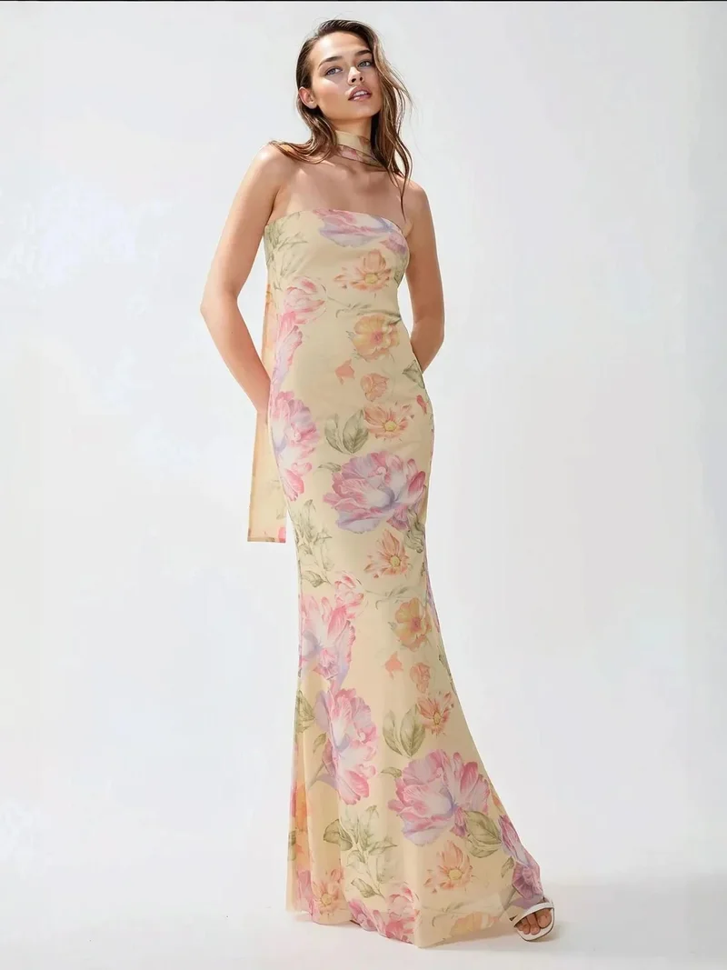 HICCUP Strapless Flowering Bodycon Maxi Dress