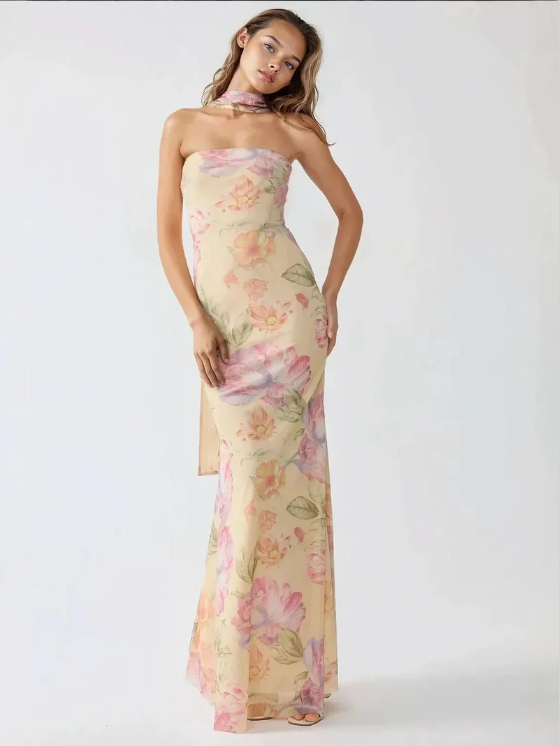 HICCUP Strapless Flowering Bodycon Maxi Dress