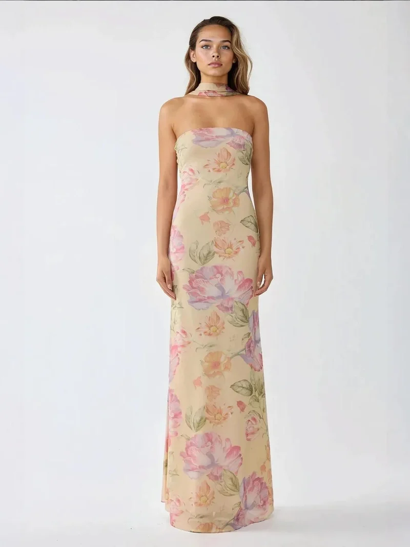 HICCUP Strapless Flowering Bodycon Maxi Dress
