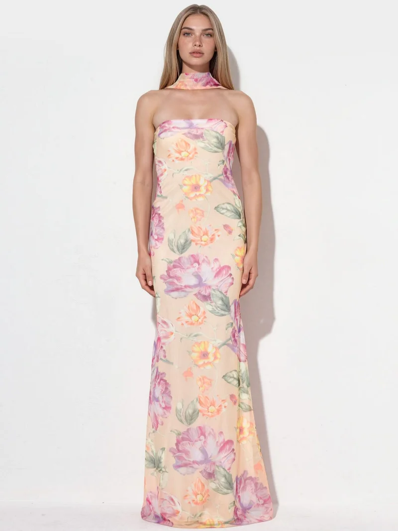 Strapless Flowering Bodycon Maxi Dress