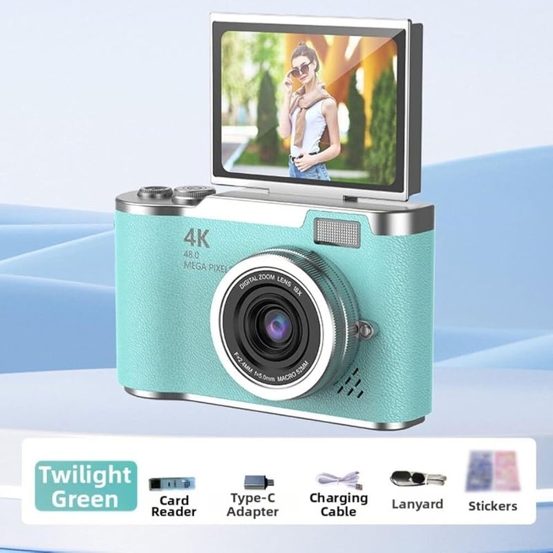 Green 4K CCD Digital Camera 48MP Compact 180 Flip Screen 8X Zoom 4K Video For Students - Image 1