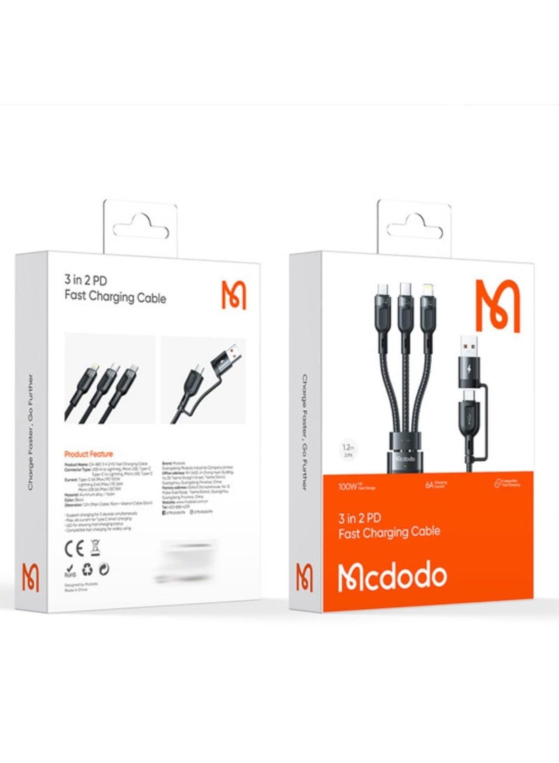 مكدودو 2 في 3 كابل شحن سريع 100 وات محرك الطاقة PD لأجهزة الكمبيوتر المحمول والكمبيوتر اللوحي والجوال 1.2 متر CA-8800 - Image 2