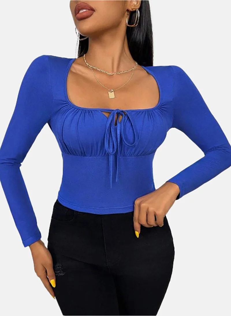 يونيكي Blue Solid Slim Fit Long Sleeve Top