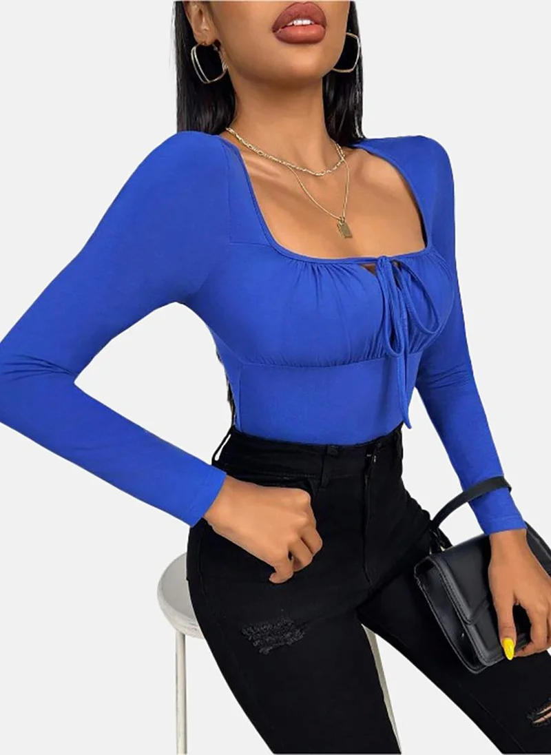 يونيكي Blue Solid Slim Fit Long Sleeve Top
