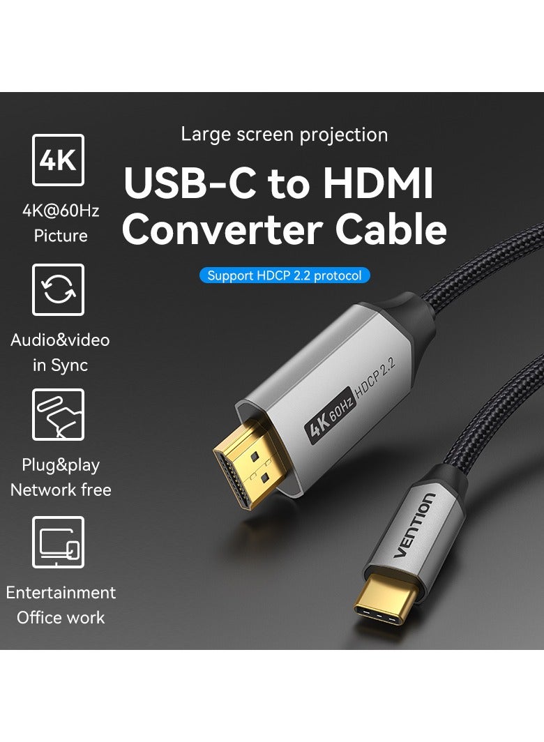 Vention USB-C to HDMI Cable 2M CRBBH, 4K@60Hz UHD, HDCP Protocol Nylon Braided, Compatible with MacBook Pro, iPad Pro, Galaxy S20/S20+/Ultra, Windows, Laptops, Monitors, Projectors - Image 3