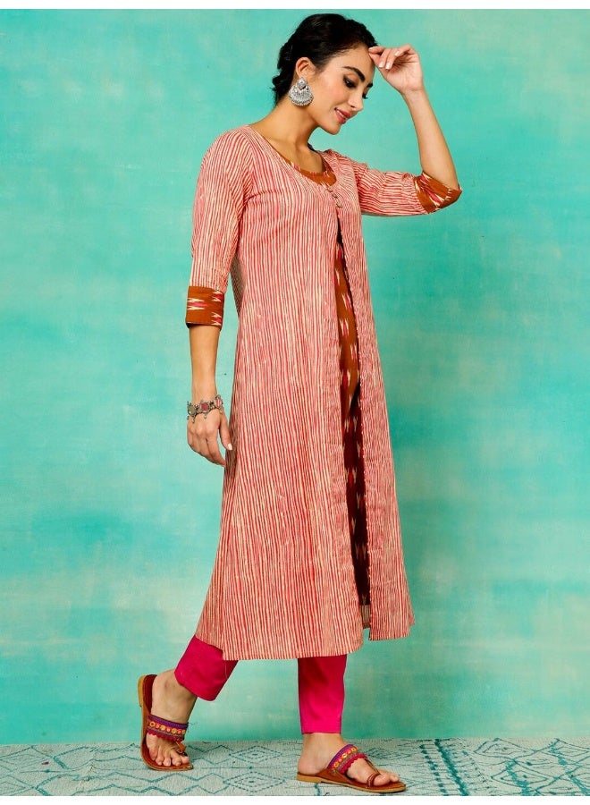 AKS Brown Stripe Printed Straight Kurta With Jacket - Image 5
