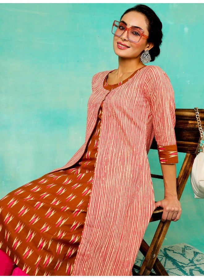 AKS Brown Stripe Printed Straight Kurta With Jacket - Image 1