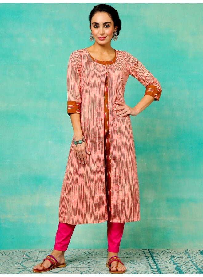AKS Brown Stripe Printed Straight Kurta With Jacket - Image 3