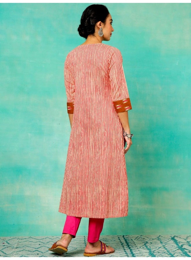 AKS Brown Stripe Printed Straight Kurta With Jacket - Image 4