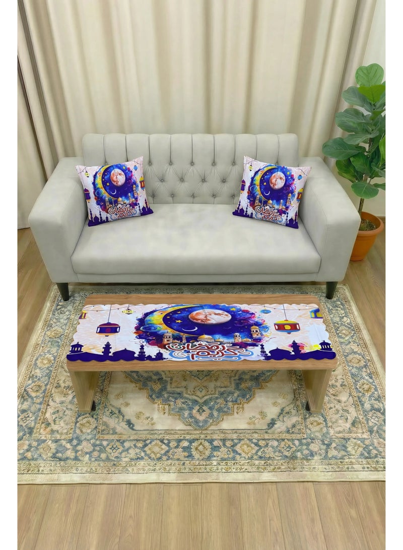 Ramadan Decor Set – Table Runner (140x43 cm) with Cushion Covers (43x43 cm) – Ramadan Kareem Moon & Mosque Design – Festive Home Decoration for Living Room & Salon - Image 1