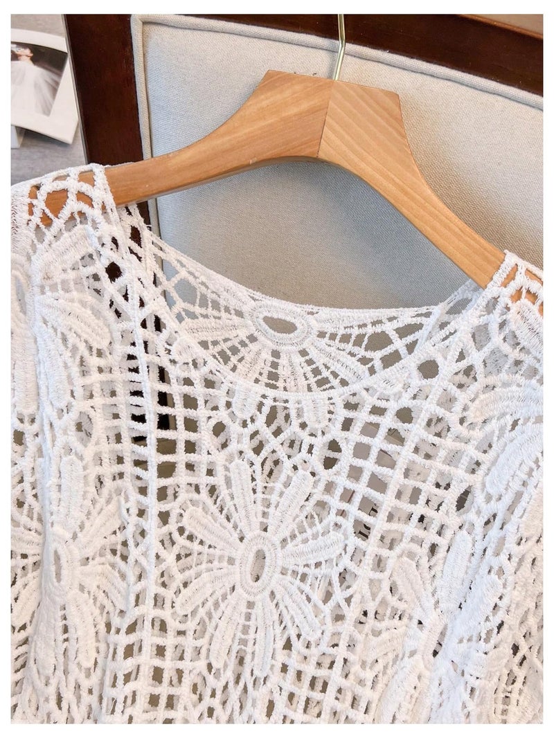 MakeMeChic Women's Plus Size Boho Tops Crochet Sweater Dolman Sleeve Beach Cover Up Plus White 2XL - Image 2
