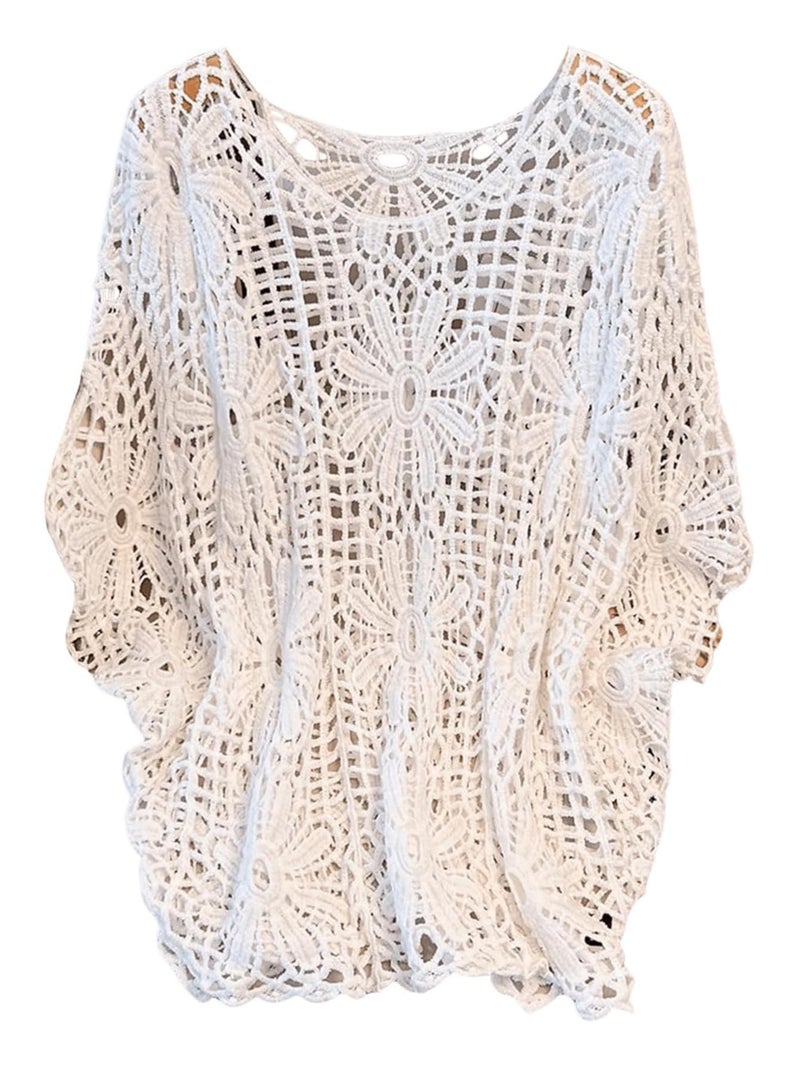 MakeMeChic Women's Plus Size Boho Tops Crochet Sweater Dolman Sleeve Beach Cover Up Plus White 2XL - Image 1