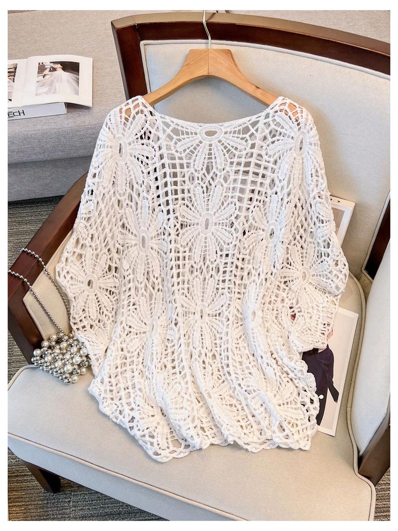 MakeMeChic Women's Plus Size Boho Tops Crochet Sweater Dolman Sleeve Beach Cover Up Plus White 2XL - Image 3