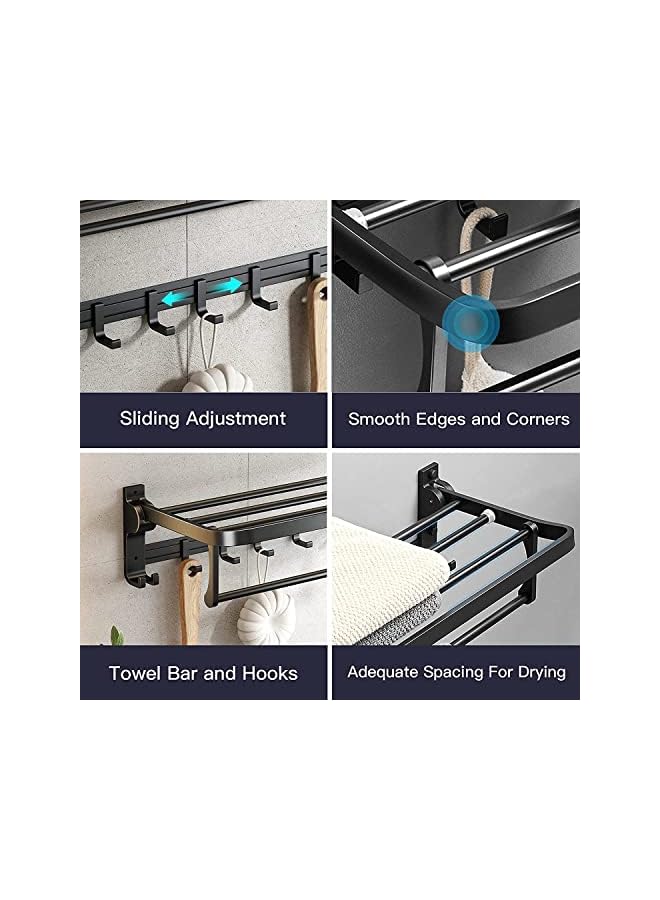 promass Foldable Towel Racks with 5 Sliding Towel Hooks, 24 Inch Wall Mounted Bathroom Towel Bar,Rustproof Aluminium Towel Shelf,Towel Hanger Rack,Towel Holder for Bathroom Kitchen Balcony, No Drill - Image 4