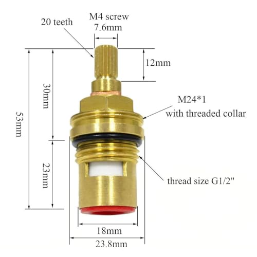 Huashan Replacement Brass Ceramic Disc Stem Cartridge Faucet Valve Quarter Turn 1/2" X 53mm x 12mm spline length 20 teeth(PAIR Hot & Cold) - Image 3