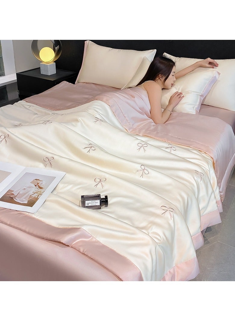 Jorunb 180x220cm Ice Silk Quilt, Summer Simple Ice Silk Quilt, Duvet Cover Ice Silk Thin Quilt, Cool and Comfortable Washable Ice Silk Simple Air Conditioning, Four-piece set: quilt cover*1, bed sheet*1, pillowcases*2 Pink - Image 1