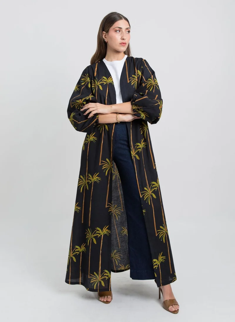 Kaafmeem Black Nakhil Island Puffed Sleeves Abaya