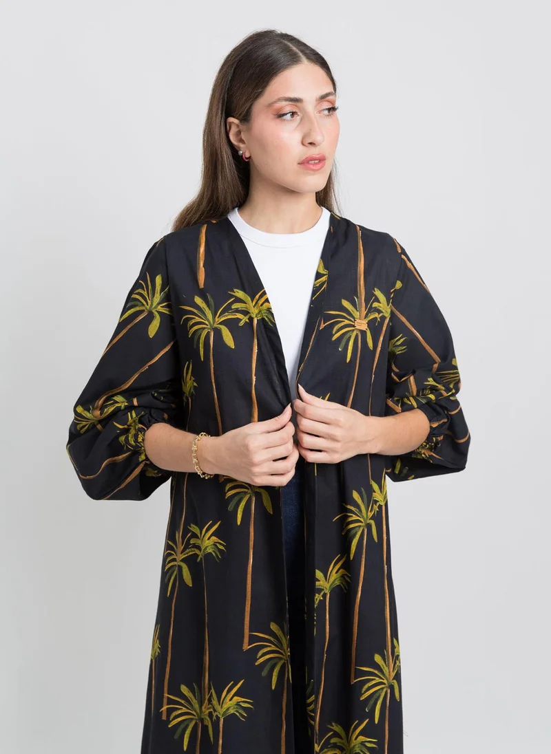 Kaafmeem Black Nakhil Island Puffed Sleeves Abaya