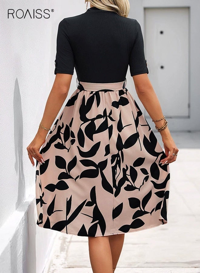 roaiss Women A Line Dress with Belt, Semi-high Collar Short Sleeve Dress with Patchwork Design, Stylish Elegant Frock for Ladies, Perfect for Daily Wear and Outdoor Activities - Image 3