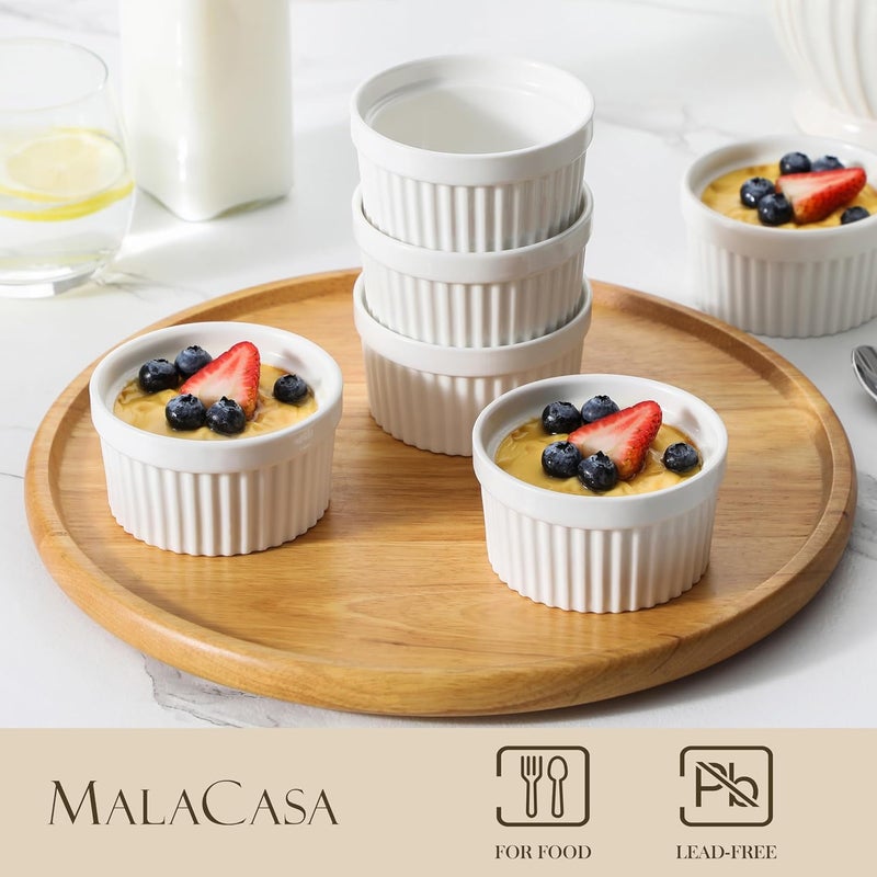 MALACASA Ramekins 4 oz Oven Safe, Porcelain Creme Brulee Ramekins Pudding Custard Cups Small Ceramic Souffle Dishes Ramakan Ramiken Ramicans Baking Bowls Set of 6, White, Series RAMEKIN-DISH - Image 3