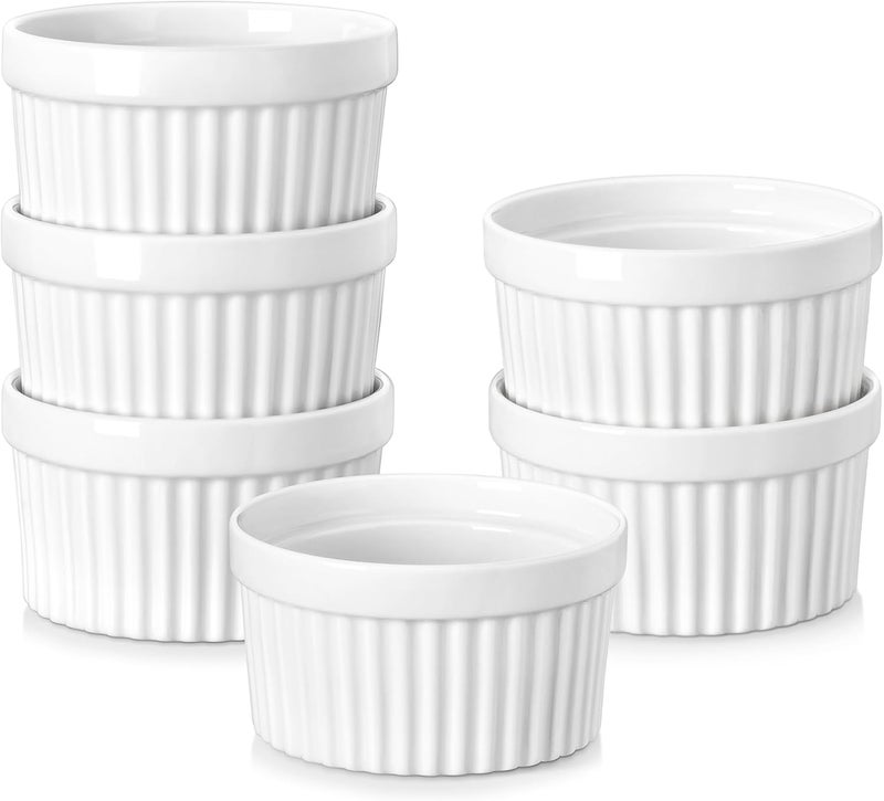 MALACASA Ramekins 4 oz Oven Safe, Porcelain Creme Brulee Ramekins Pudding Custard Cups Small Ceramic Souffle Dishes Ramakan Ramiken Ramicans Baking Bowls Set of 6, White, Series RAMEKIN-DISH - Image 1