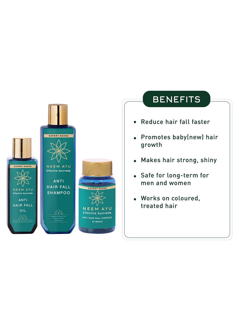 NEEM AYU - NEEM AYU Ayurvedic Anti Hair Fall Kit | Hair Oil 100ml, Shampoo 200ml & Capsules 60N | Helps to reduce hair fall by 90% within 28 days & increases hair volume| For all hair types - Image 1