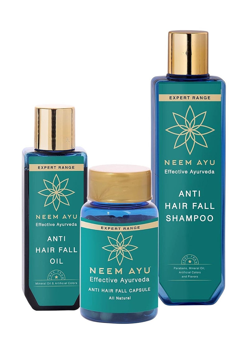 NEEM AYU - NEEM AYU Ayurvedic Anti Hair Fall Kit | Hair Oil 100ml, Shampoo 200ml & Capsules 60N | Helps to reduce hair fall by 90% within 28 days & increases hair volume| For all hair types - Image 1