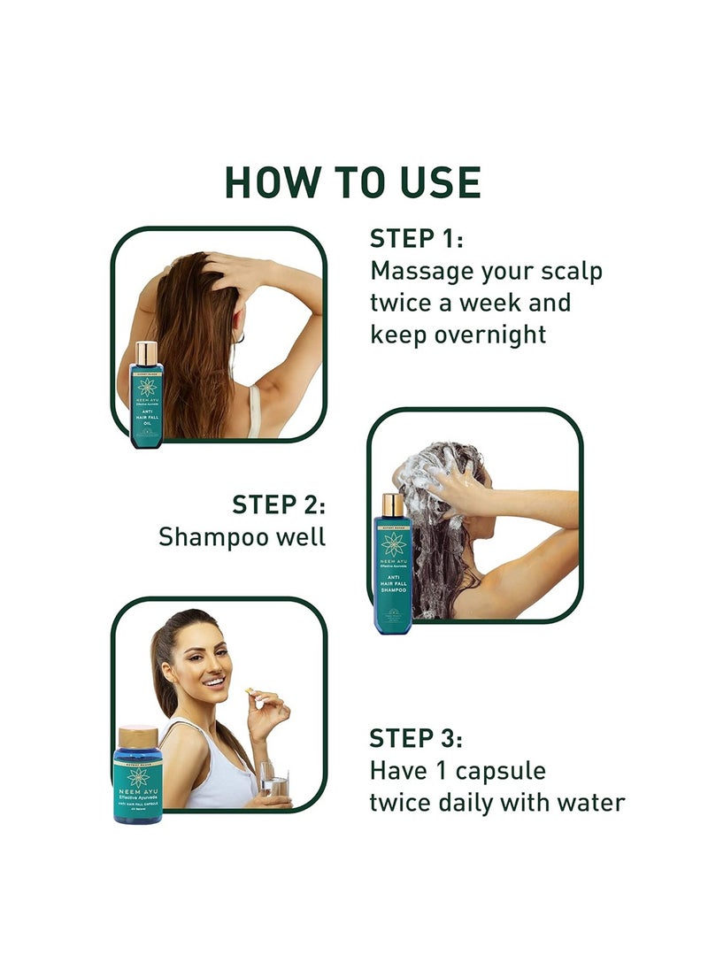 NEEM AYU - NEEM AYU Ayurvedic Anti Hair Fall Kit | Hair Oil 100ml, Shampoo 200ml & Capsules 60N | Helps to reduce hair fall by 90% within 28 days & increases hair volume| For all hair types - Image 1