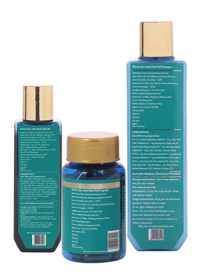 NEEM AYU - NEEM AYU Ayurvedic Anti Hair Fall Kit | Hair Oil 100ml, Shampoo 200ml & Capsules 60N | Helps to reduce hair fall by 90% within 28 days & increases hair volume| For all hair types - Image 1