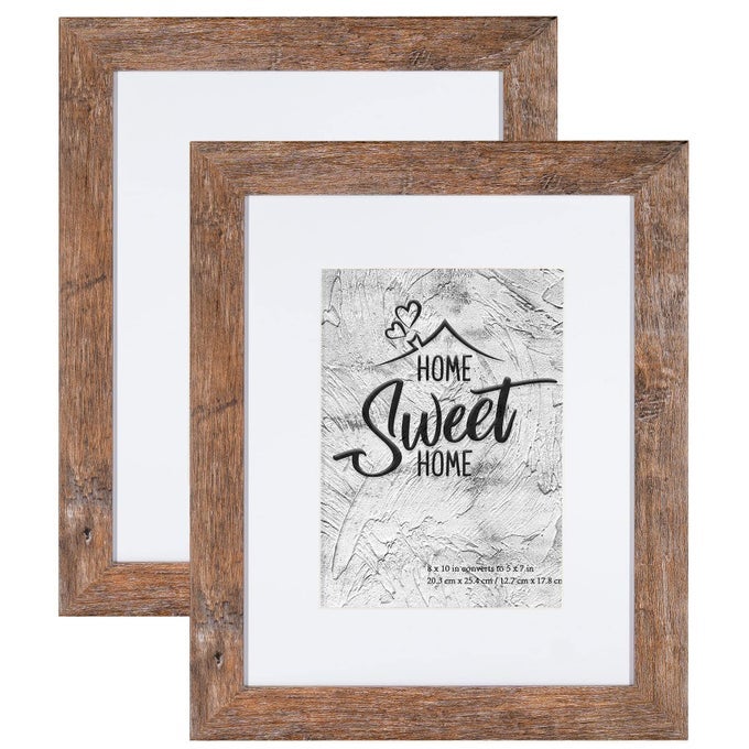 RUSTIC BROWN 8X10 PICTURE FRAME DISPLAY PHOTOS 5X7 WITH MAT OR 8X10 WITHOUT MAT HD GLASS INSIDE HORIZONTAL AND VERTICAL DISPLAY FOR WALL AND TABLETOP SET OF 2