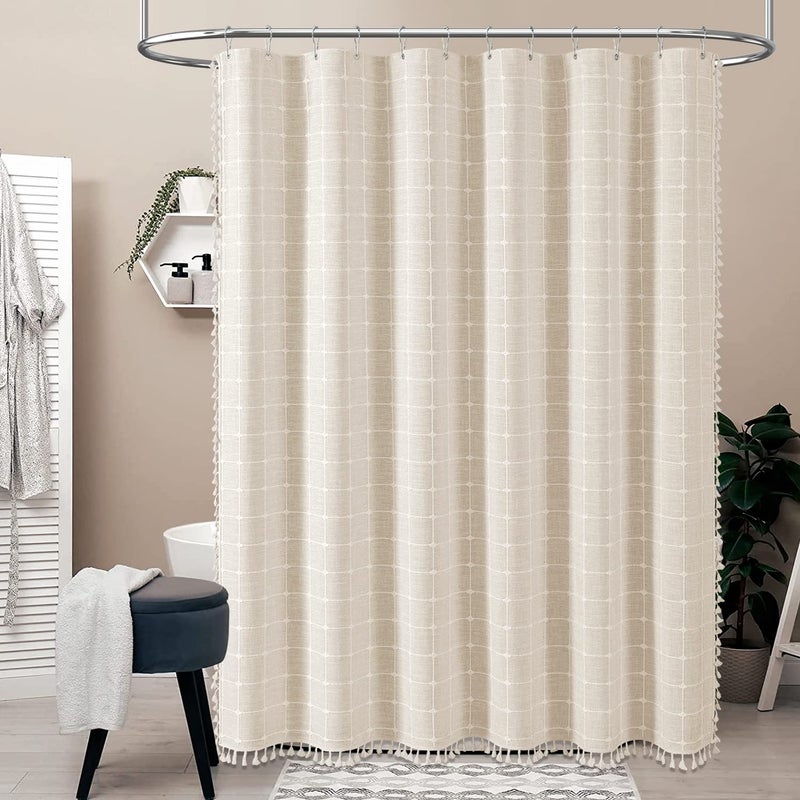 BTTN Wide Shower Curtain - 84x72 Inch Boho Farmhouse Fabric Shower Curtain Set with 14 Plastic Hooks  Large Country Hotel Spa Simple Water-resistant Cloth Bath Curtains for Bathroom - Cream/Beige - Image 1