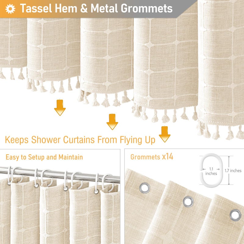 BTTN Wide Shower Curtain - 84x72 Inch Boho Farmhouse Fabric Shower Curtain Set with 14 Plastic Hooks  Large Country Hotel Spa Simple Water-resistant Cloth Bath Curtains for Bathroom - Cream/Beige - Image 4