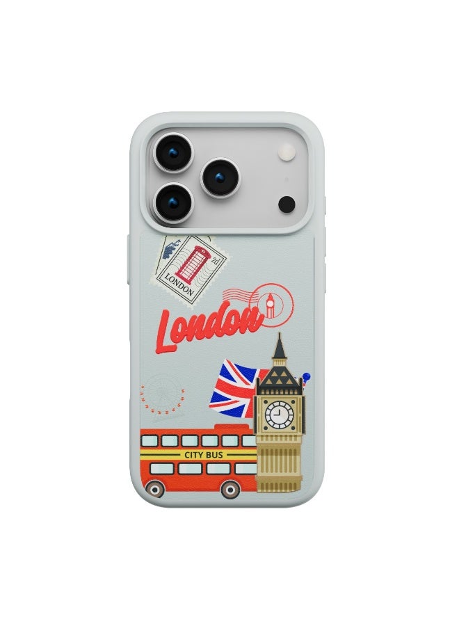 LEVELO Vallo PU leather Case iPhone 17 Pro With London Embroidery Design / Scratch & Wear Resistant / Raised Bezels for Camera & Screen / Shock-Resistant Bumper - Brushed Silver - Image 1