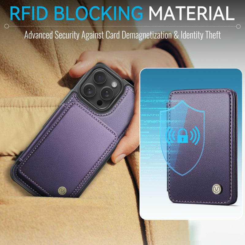 Usroom Compatible with Magsafe for iPhone 14 Pro Wallet Case Magnetic Card Holder, RFID Blocking 2 in 1 Detachable Kickstand Shockproof Case for Women Men, Purple - Image 3