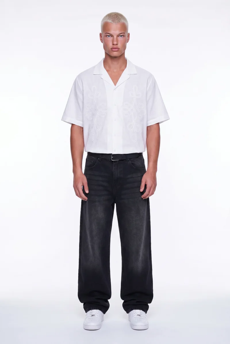 Respire Men's Embroidered Detail Short Sleeve Oversize Shirt White
