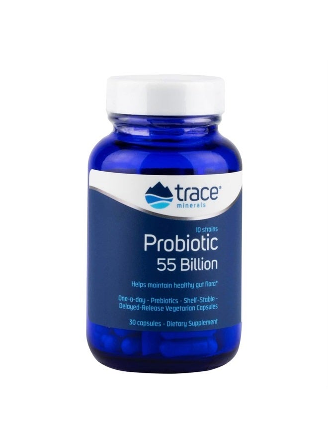 Trace Minerals Probiotic 55 Billion active cultures per capsule. 30 Capsule, Bifidobacterium, Lactobacillus ,One-A-Day. Delayed-release capsules. Gluten free. Vegetarian. Healthy Gut. Gut Health. Men and Women. - Image 1