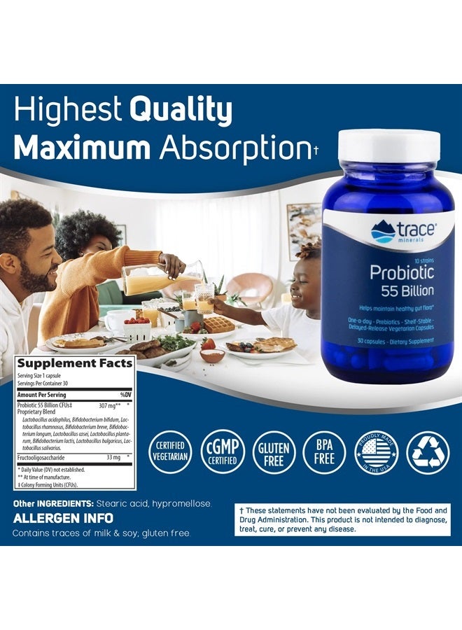 Trace Minerals Probiotic 55 Billion active cultures per capsule. 30 Capsule, Bifidobacterium, Lactobacillus ,One-A-Day. Delayed-release capsules. Gluten free. Vegetarian. Healthy Gut. Gut Health. Men and Women. - Image 3