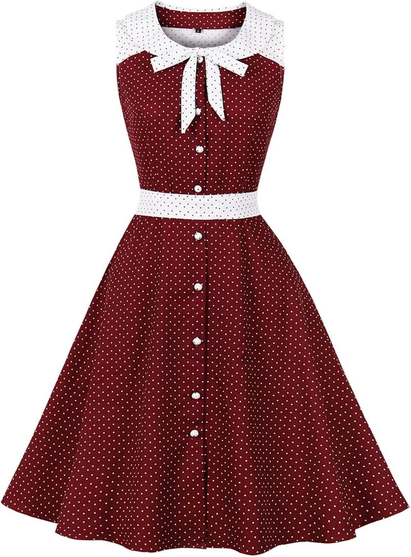 woobles Women's 1950s Audrey Hepburn Dress Sleeveless Round Neck Temperament Polka Dots Retro High Waist Tea Length Vintage Dress - Image 2