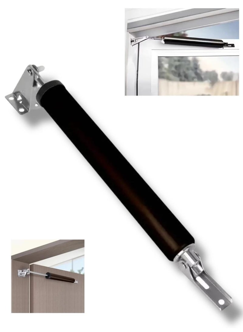 1 piece hydraulic automatic door closer, black color. Its function is to close the door slowly and quietly instead of forcefully. The closing method is hydraulic pressure. The speed and pressure of the closing force can be controlled and adjusted using the adjustment screw at the end of the tube, preventing the door from slamming shut and ensuring a smooth and safe closing. It can also be set to keep the door permanently open; it will not close when the locking clip is engaged. It is used on light to medium weight doors with a maximum load capacity of 25 to 35 kg, such as closet doors or interior wooden or aluminum doors found in residential, commercial, office, restaurant, chalet, or worker accommodation buildings. It is made of aluminum alloy and rust-resistant steel. It is installed using screws on the door frame. Suitable for black doors. The piece is black. - Image 1