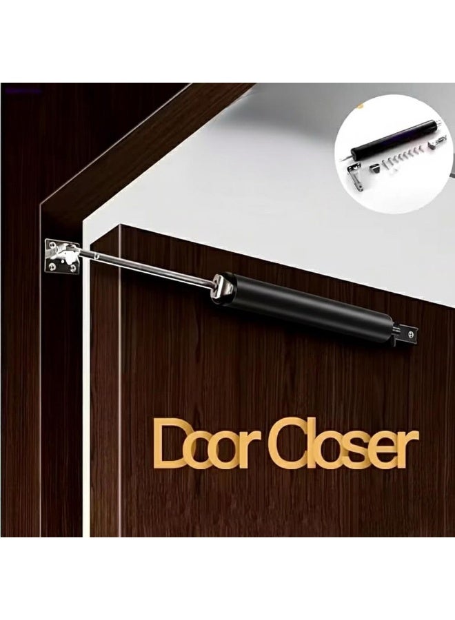 1 piece hydraulic automatic door closer, black color. Its function is to close the door slowly and quietly instead of forcefully. The closing method is hydraulic pressure. The speed and pressure of the closing force can be controlled and adjusted using the adjustment screw at the end of the tube, preventing the door from slamming shut and ensuring a smooth and safe closing. It can also be set to keep the door permanently open; it will not close when the locking clip is engaged. It is used on light to medium weight doors with a maximum load capacity of 25 to 35 kg, such as closet doors or interior wooden or aluminum doors found in residential, commercial, office, restaurant, chalet, or worker accommodation buildings. It is made of aluminum alloy and rust-resistant steel. It is installed using screws on the door frame. Suitable for black doors. The piece is black. - Image 3